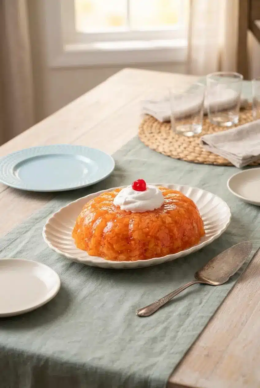 Molded Pineapple Carrot Jello Salad topped with whipped topping and a cherry on an elegant dining table.