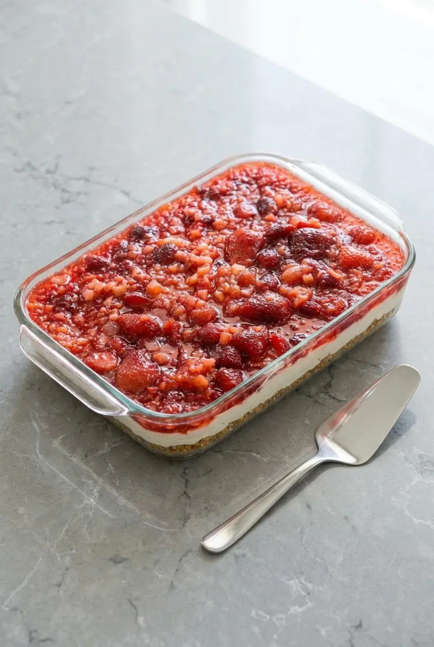 Full 9x13 glass pan of set pineapple pretzel salad resting on a counter next to a metal spatula.