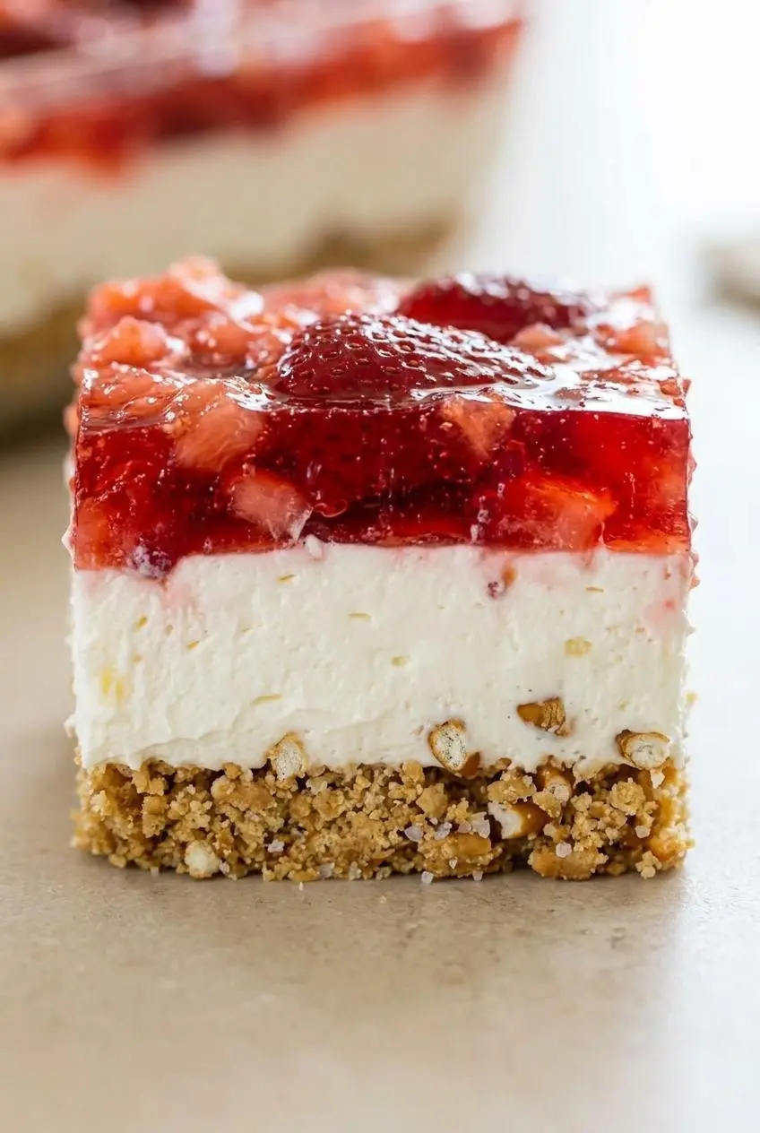 Cross section of pineapple pretzel salad showing distinct crust, cream cheese barrier, and gelatin layers.