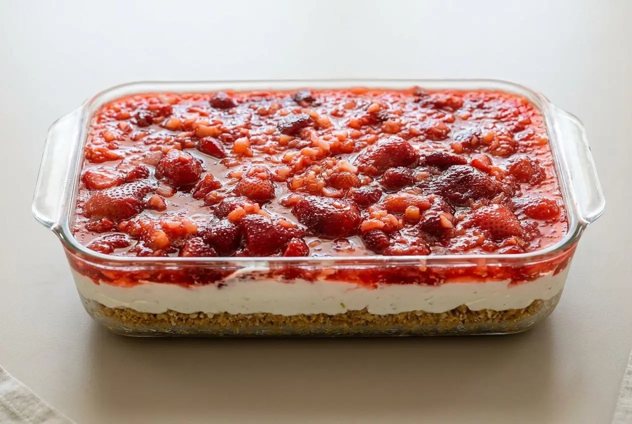 Pineapple pretzel salad square showing crunchy pretzel crust, fluffy cream cheese filling, and ruby fruit gelatin.