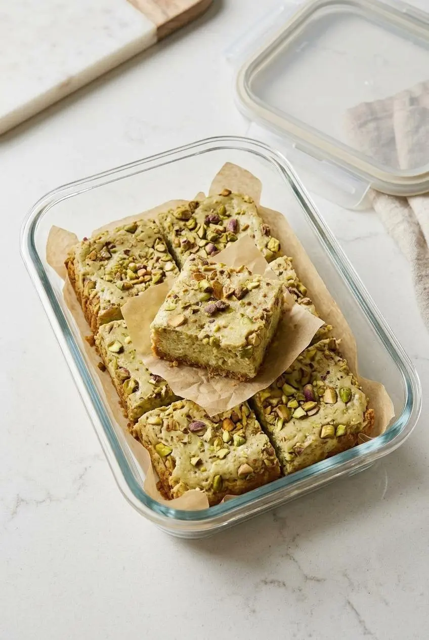 Overhead view of chilled pistachio cheesecake bars arranged in a single layer inside a clear glass airtight container.