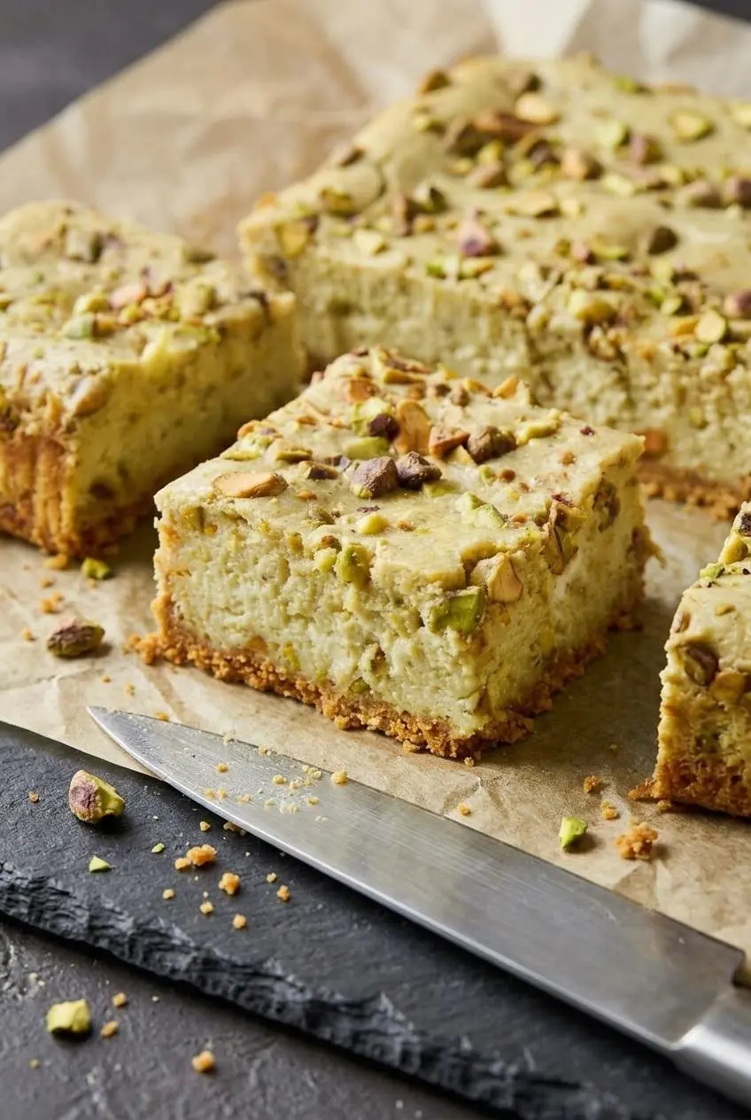Close-up of a freshly cut pistachio cheesecake bar on parchment paper beside a chef knife, showing crack-free edges.