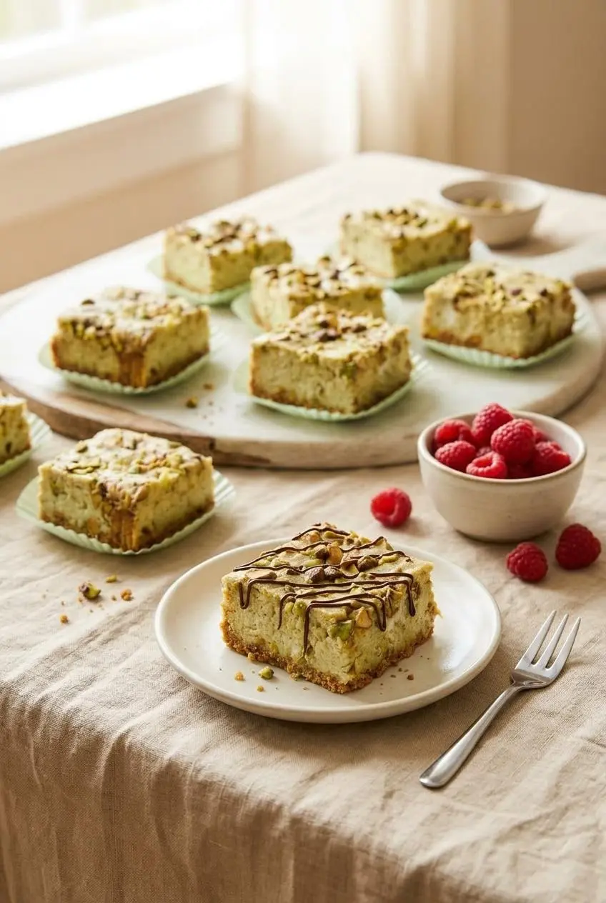 Plated pistachio cheesecake bar with a dark chocolate drizzle, served beside fresh raspberries and extra squares.