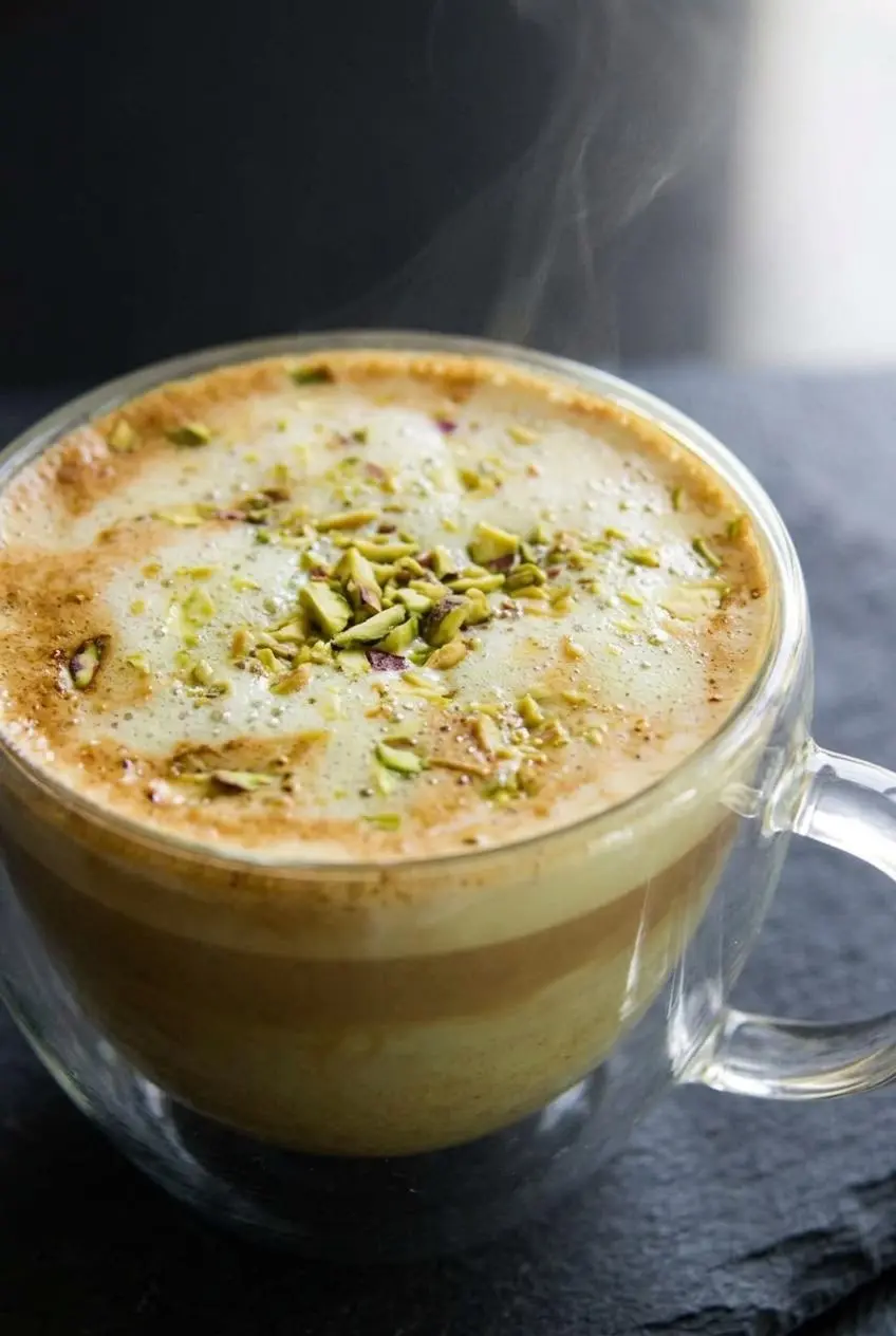 Close-up of glossy pale-green and beige microfoam swirling into espresso, topped with thinly sliced pistachios