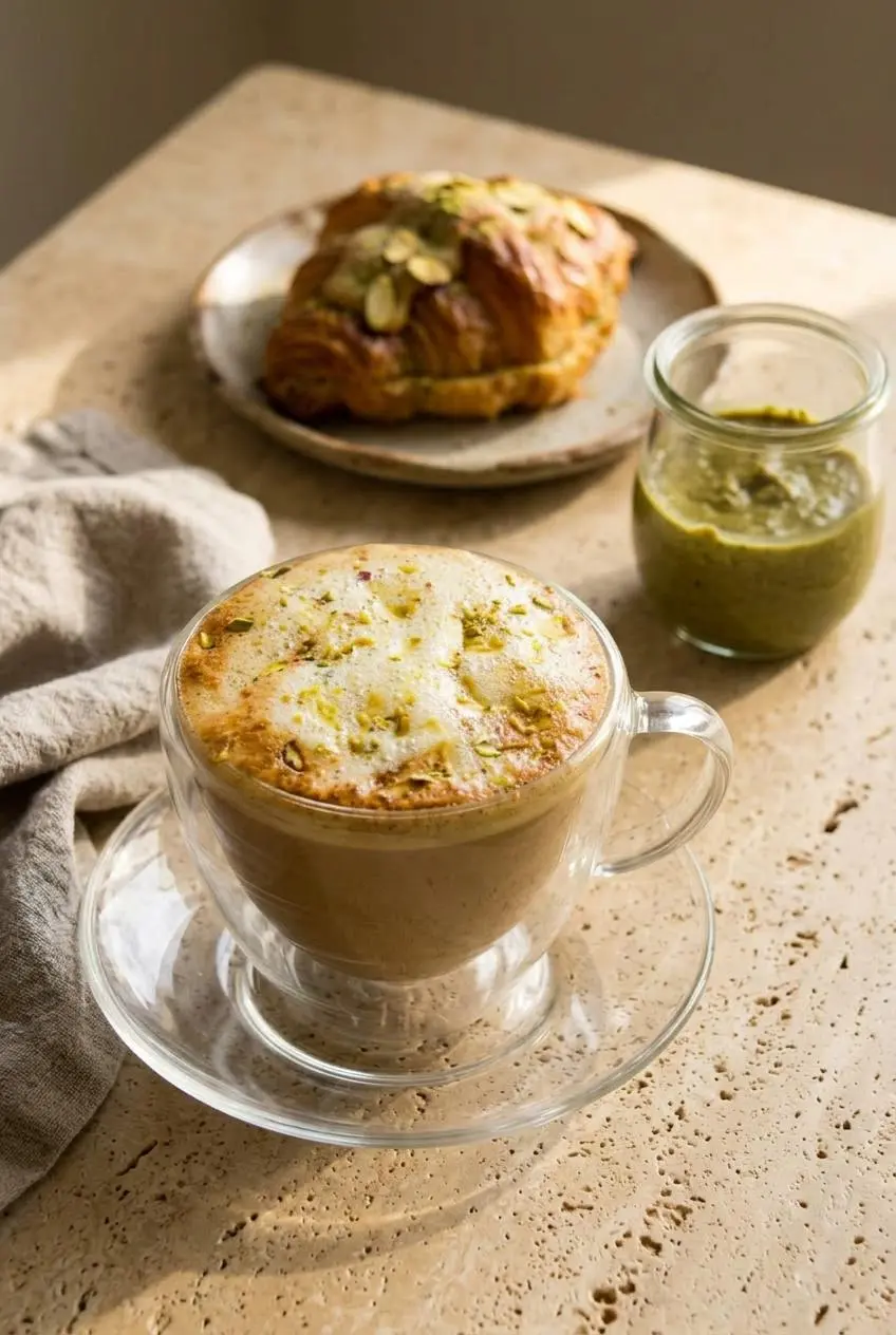 Hot pistachio latte on a stone table alongside a flaky pistachio croissant and a glass jar of pistachio paste mix