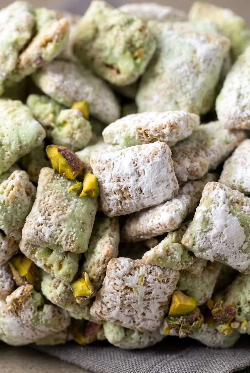 Macro view of pistachio puppy chow squares showing intact woven cereal under a matte sugar shell