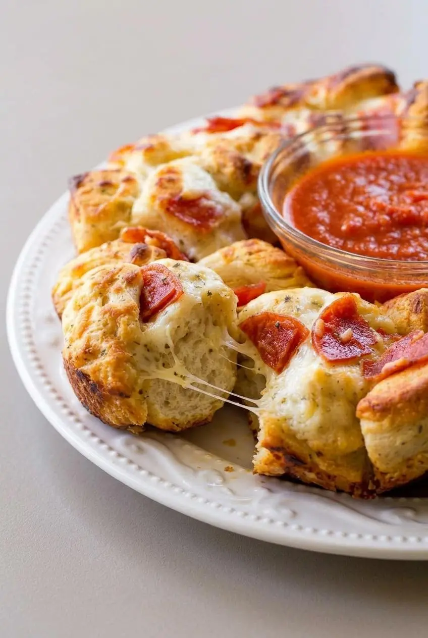 Pulled apart pizza monkey bread showing a fluffy, fully cooked biscuit crumb and melted mozzarella strands.