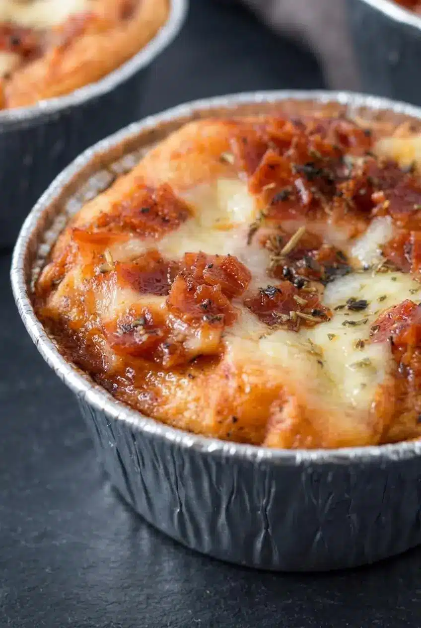 Close-up of a single baked biscuit pizza cup showing browned garlic crust, bubbly mozzarella, and crispy chopped pepperoni.