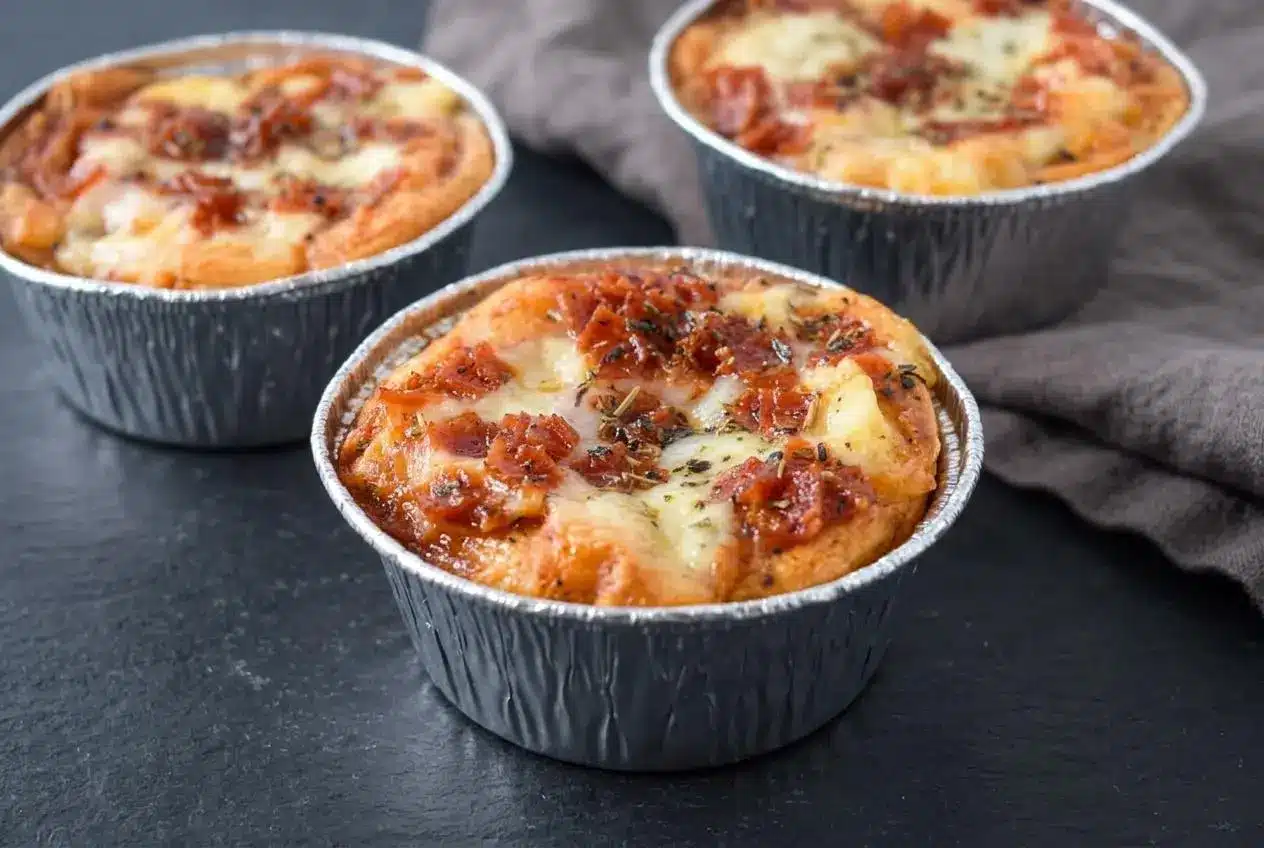 Baked pizza pot pies in biscuit cups with golden garlic crust, gooey melted mozzarella, and chopped pepperoni.