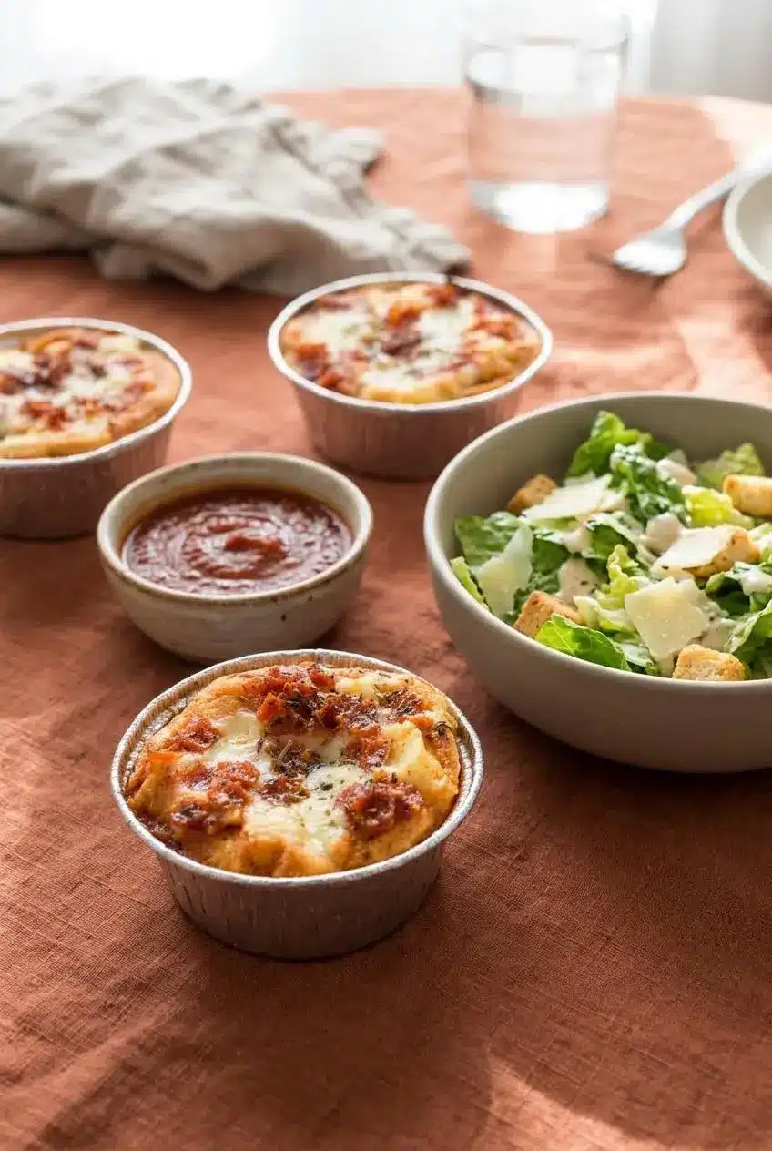 Finished pizza pot pies served on a table with a bowl of warm marinara dipping sauce and a crisp Caesar salad.
