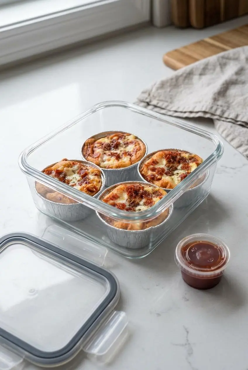 Cooled pizza biscuit cups arranged in a single layer inside a glass storage container with a separate cup of dipping sauce.