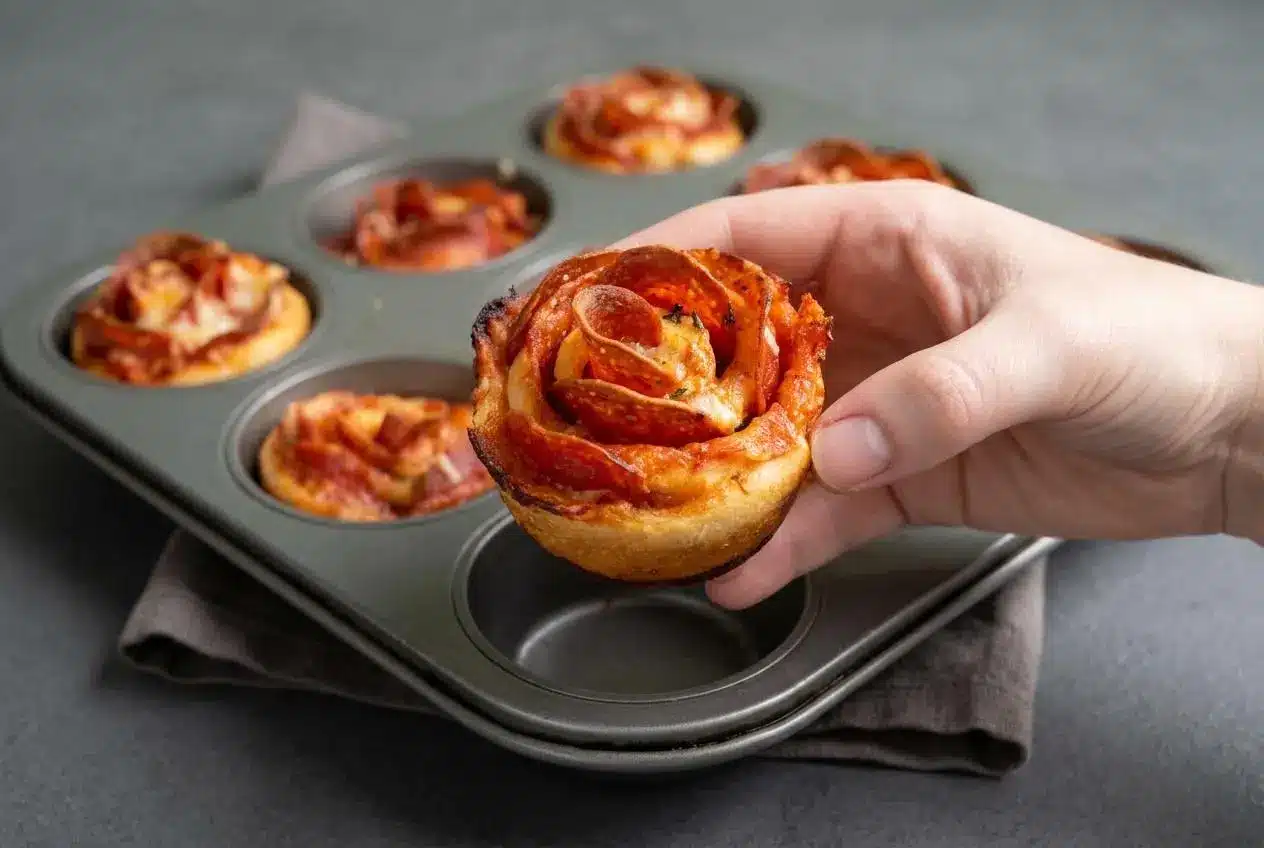 Baked pizza roses with crispy pepperoni petals, melted mozzarella, and golden-brown dough spirals.