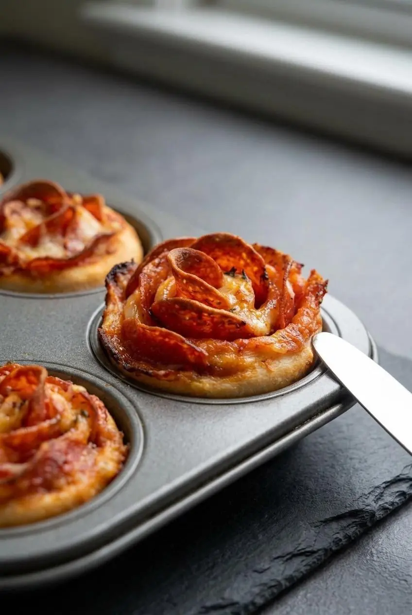 Close-up of baked pizza roses in a muffin tin with a butter knife loosening the golden crust.