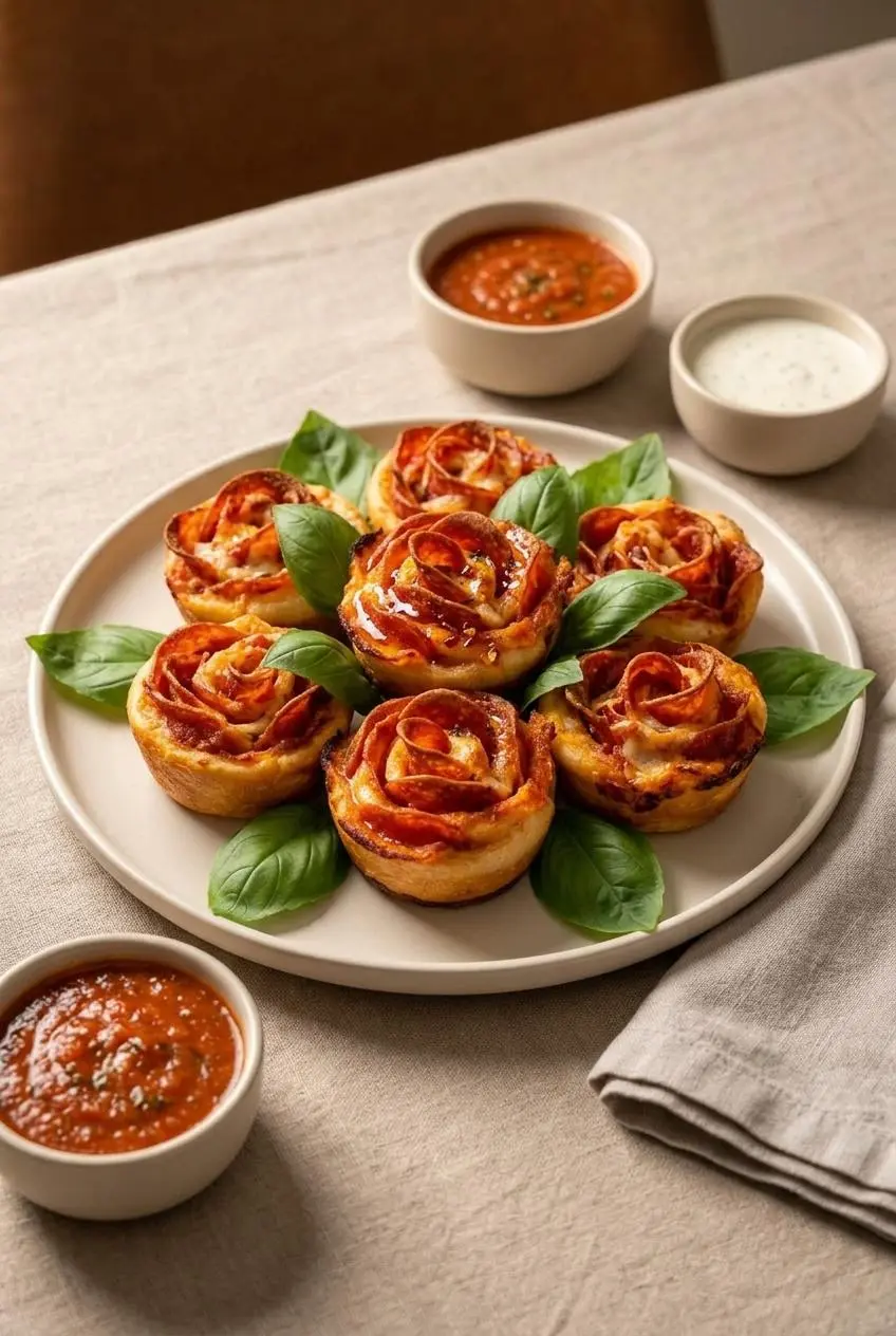Platter of warm pepperoni pizza roses arranged with fresh basil leaves, marinara, ranch dip, and hot honey.