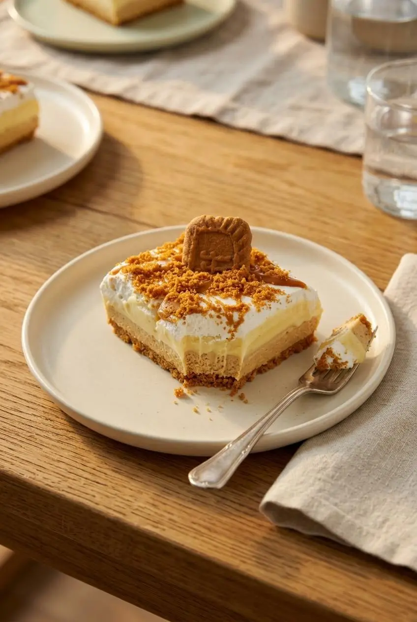 Plated square of biscoff lasagna with distinct layers beside a dessert fork on a rustic table.