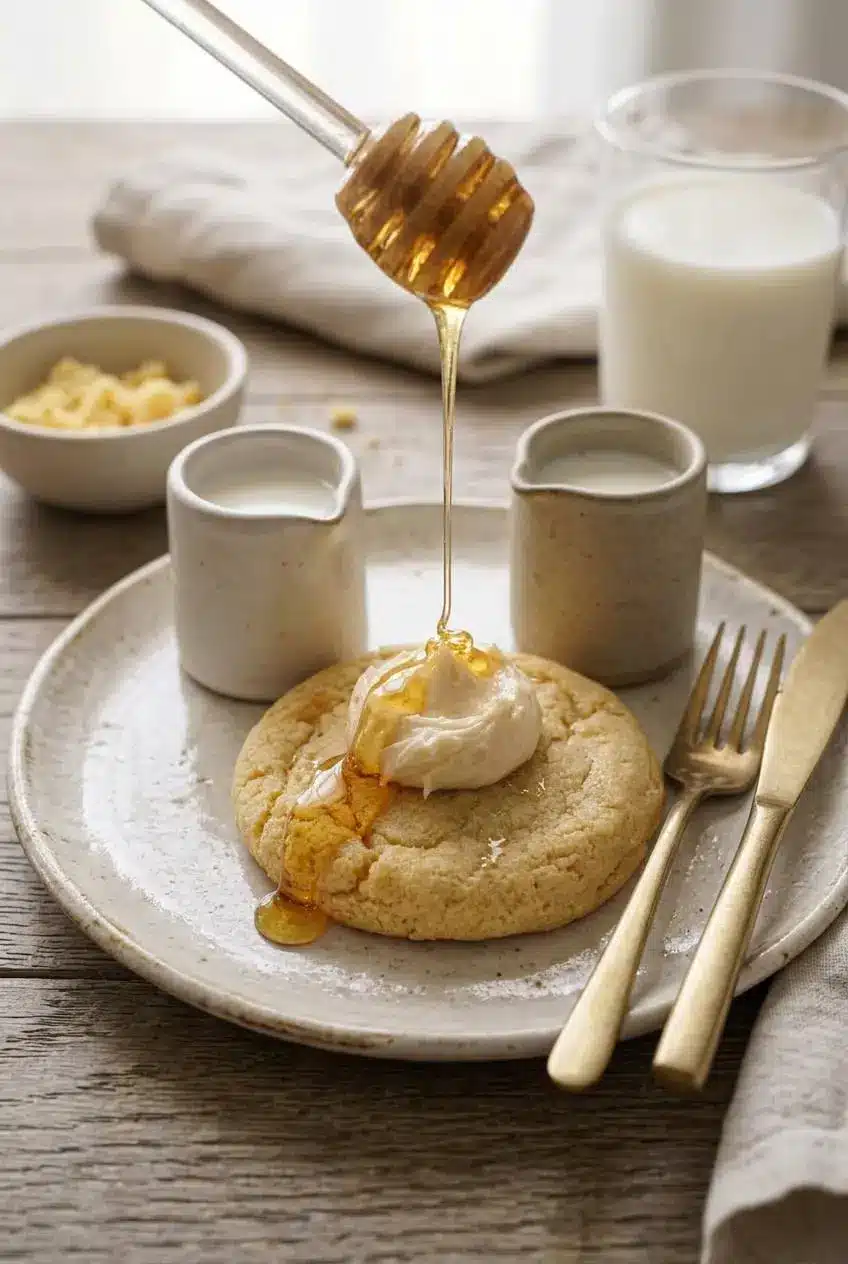 Plated bakery cornbread cookie with amber clover honey drizzled over whipped buttercream beside a glass of milk.