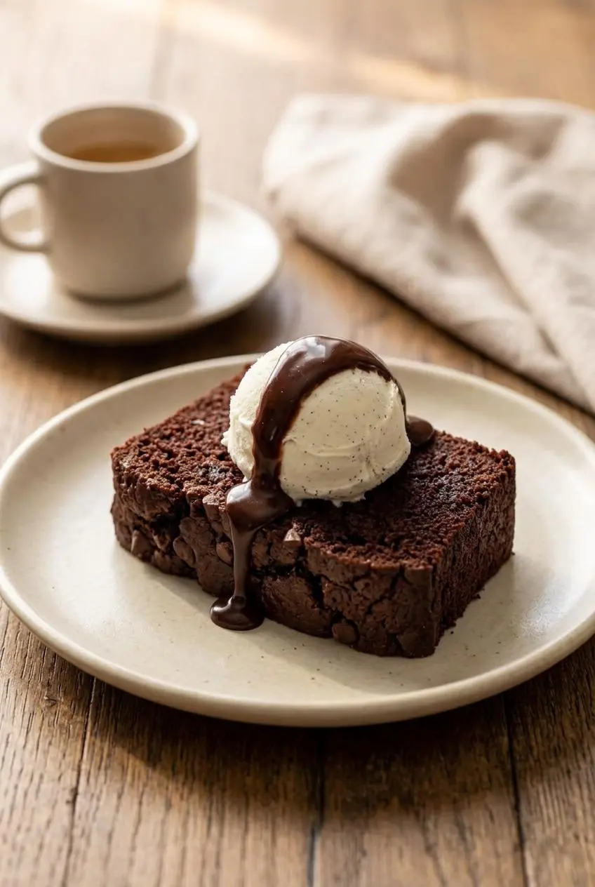 Warm slice of chocolate brownie bread topped with vanilla bean ice cream and hot fudge sauce drizzle.