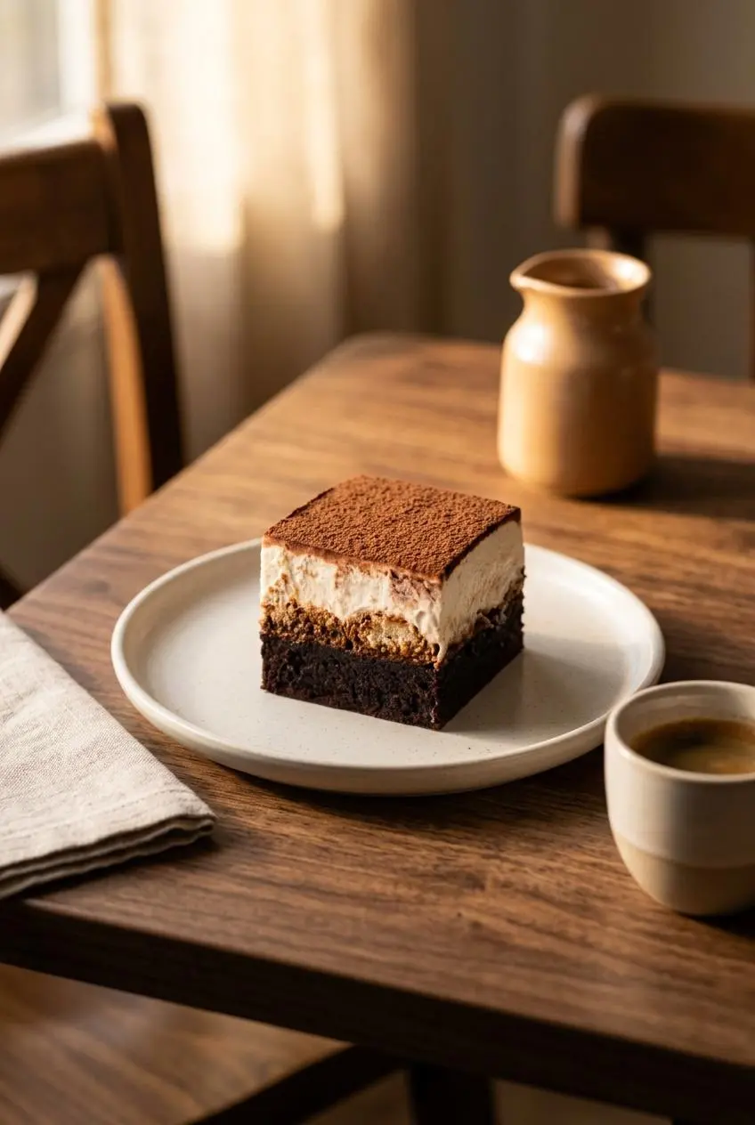 A square of tiramisu brownie plated on ceramic next to a small cup of hot espresso.