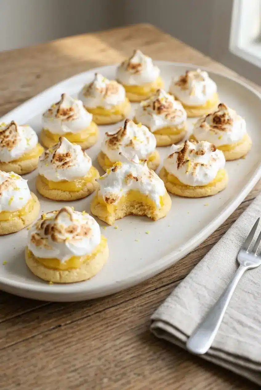 Platter of freshly assembled lemon meringue pie cookies on an oak table.