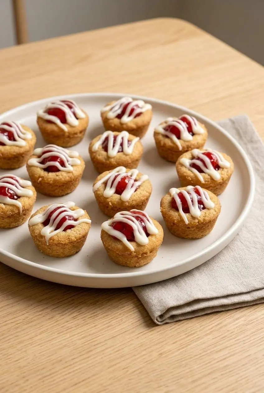 Platter of baked cherry pie cookie cups drizzled with almond glaze arranged on a wooden table.