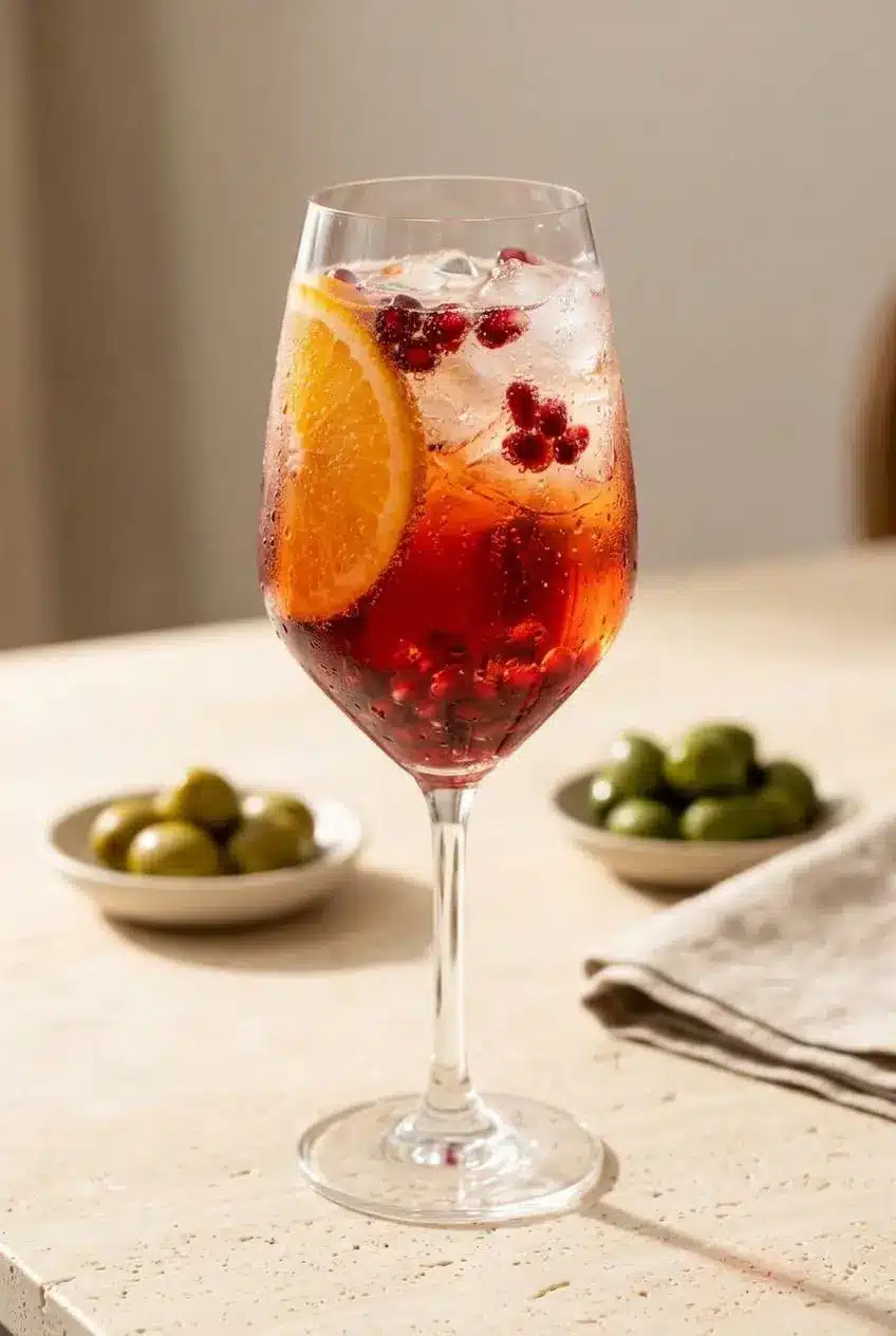 Pomegranate spritz served in a tall stemmed glass on a sunny bistro table beside green olives.