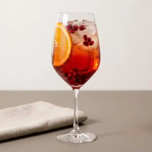 Ruby pomegranate spritz in a stemmed wine glass with effervescent bubbles, ice, and an orange slice.