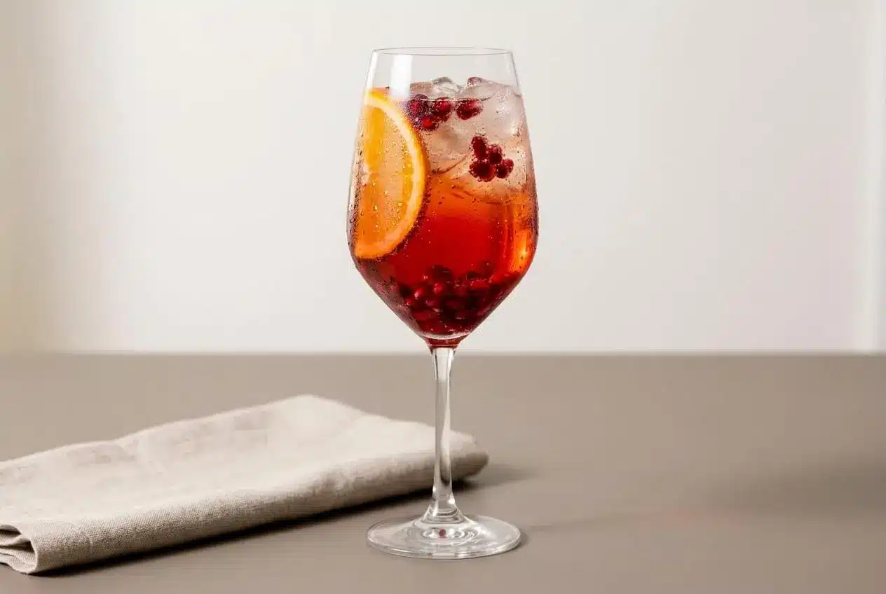Ruby pomegranate spritz in a stemmed wine glass with effervescent bubbles, ice, and an orange slice.