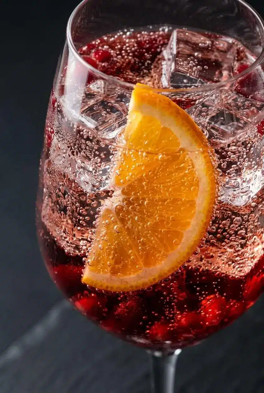 Close-up of sparkling bubbles rising past clear ice cubes and an orange slice in a ruby cocktail.
