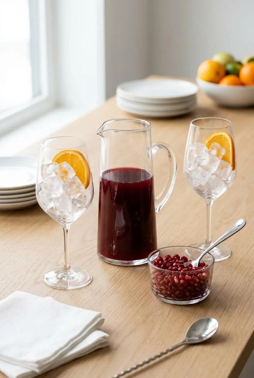 Glass pitcher with pomegranate Aperol mixture next to ice-filled wine glasses and pomegranate seeds.