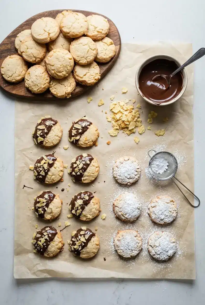 Overhead view of potato chip cookies half-dipped in dark chocolate with chip crumbs or dusted with powdered sugar