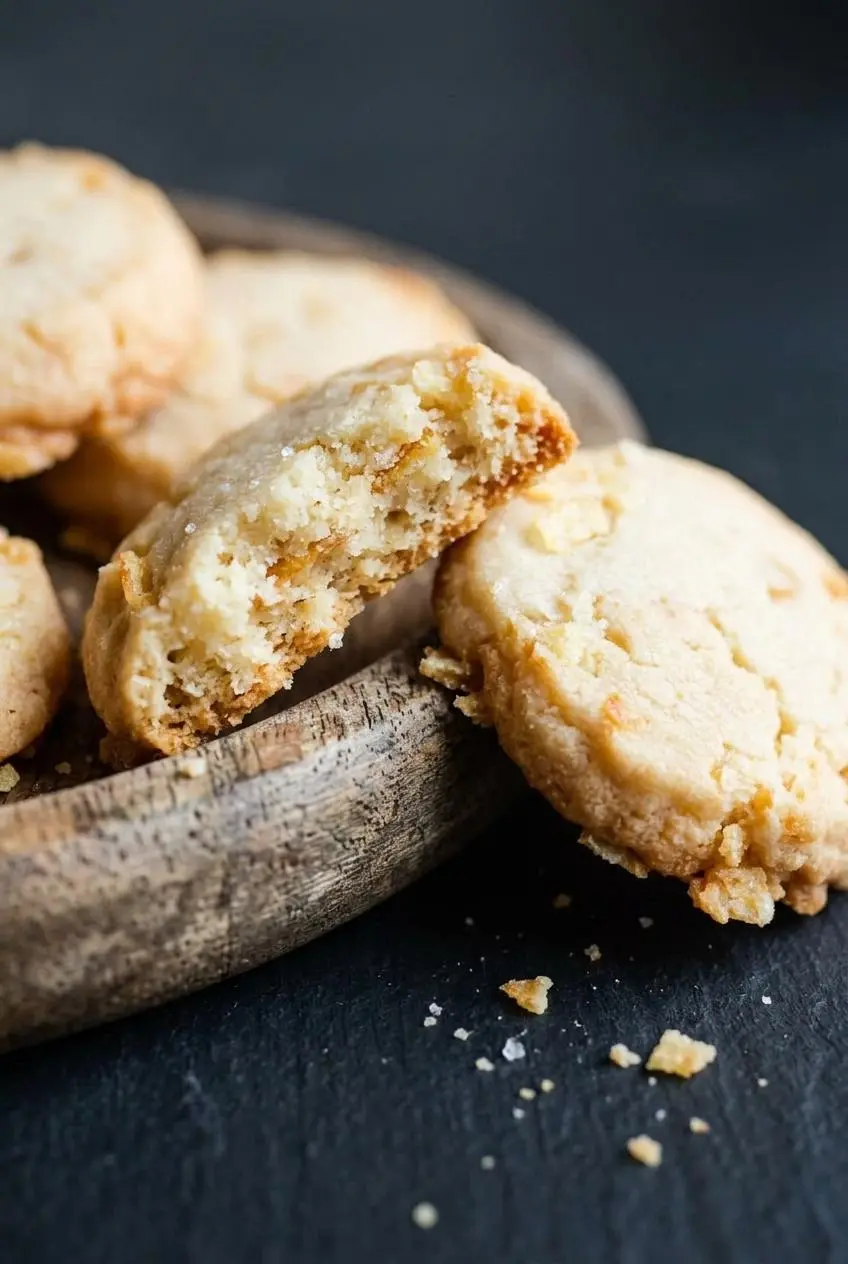 Close-up of a broken potato chip cookie showing a tender crumb and a flipped cookie with a golden bottom