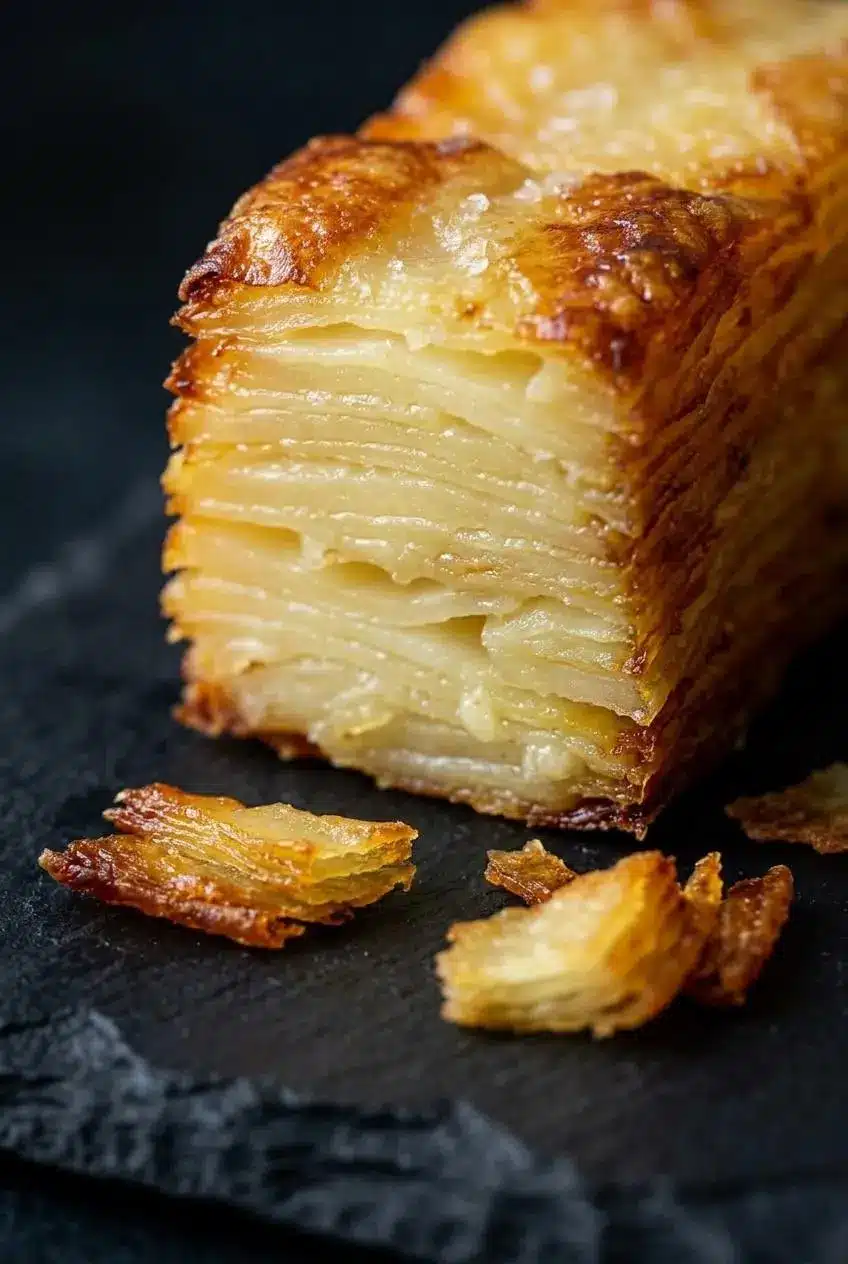 Close-up of baked potato pave showing paper-thin creamy layers and crispy trimmed edge pieces on dark slate
