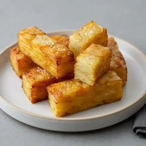 Finished potato pave recipe portions with crispy golden edges and velvety creamy layers