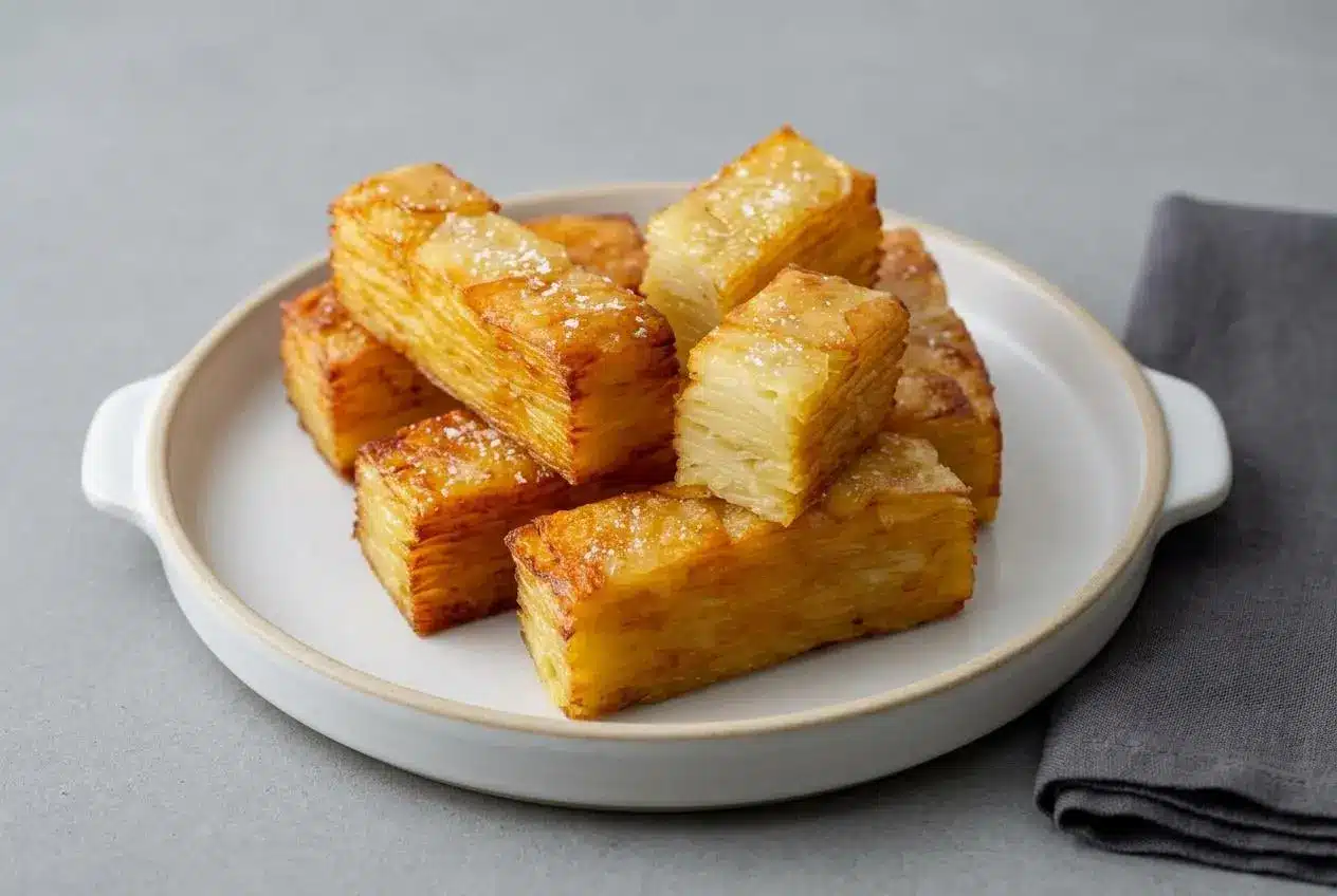 Finished potato pave recipe portions with crispy golden edges and velvety creamy layers