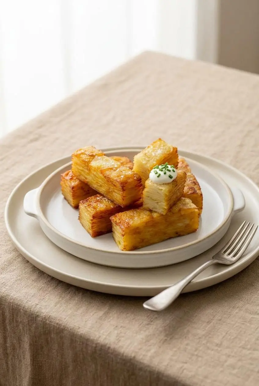 Golden potato pave portions served on a ceramic plate with sour cream and snipped chives
