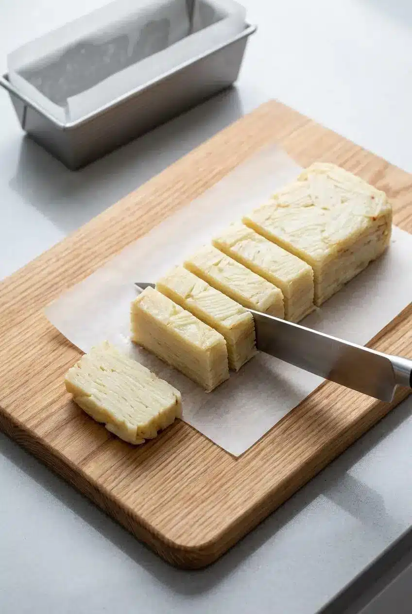 Chilled potato terrine loaf on parchment paper being trimmed and sliced into six portions with a chef knife