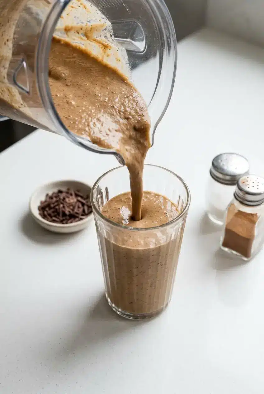 Blender pitcher pouring a thick, silky coffee banana date smoothie into a glass near cinnamon and chocolate