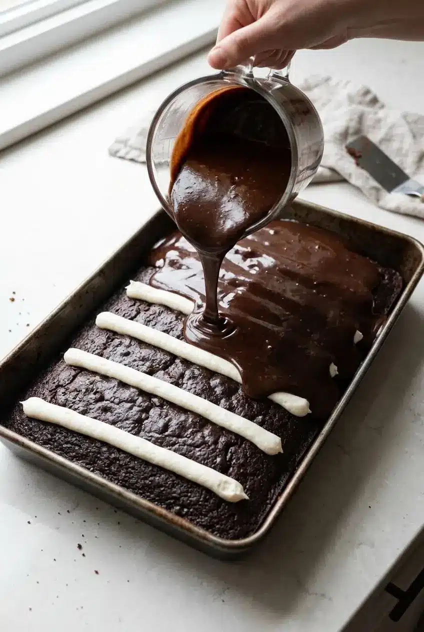 Glass measuring cup pouring warm glossy chocolate fudge over seven frozen white buttercream strips on a chocolate sheet cake.