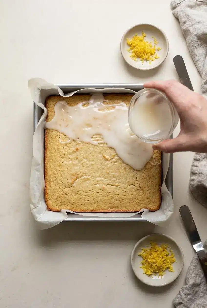 Overhead view of glossy white chocolate lemon glaze pouring over cooled baked bars in a parchment-lined 8x8-inch pan.