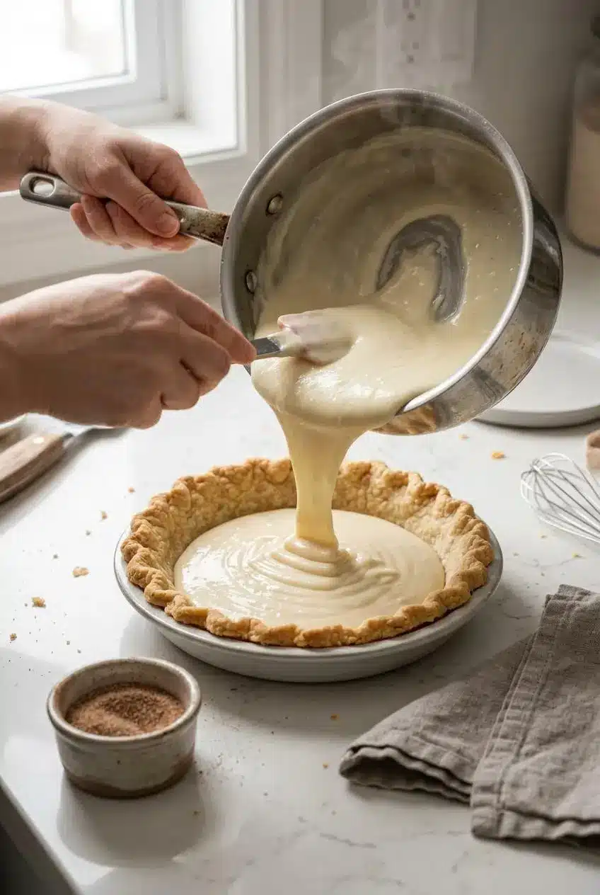 Thick cooked vanilla cream filling being poured from a saucepan into a cooled blind-baked pie crust on a counter.