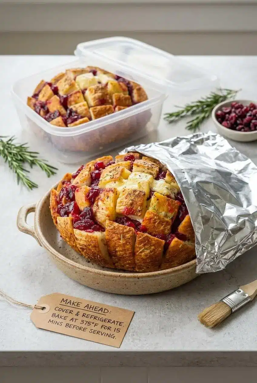 Scored sourdough boule stuffed with cold brie cubes and cranberry sauce loosely tented with foil.