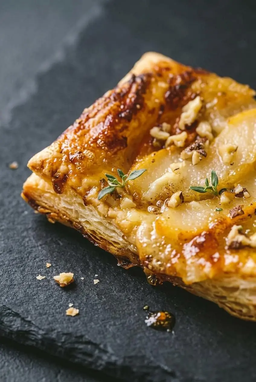 Close-up of crisp golden puff pastry layers with fork-crimped edges and caramelized honey apricot and pear topping