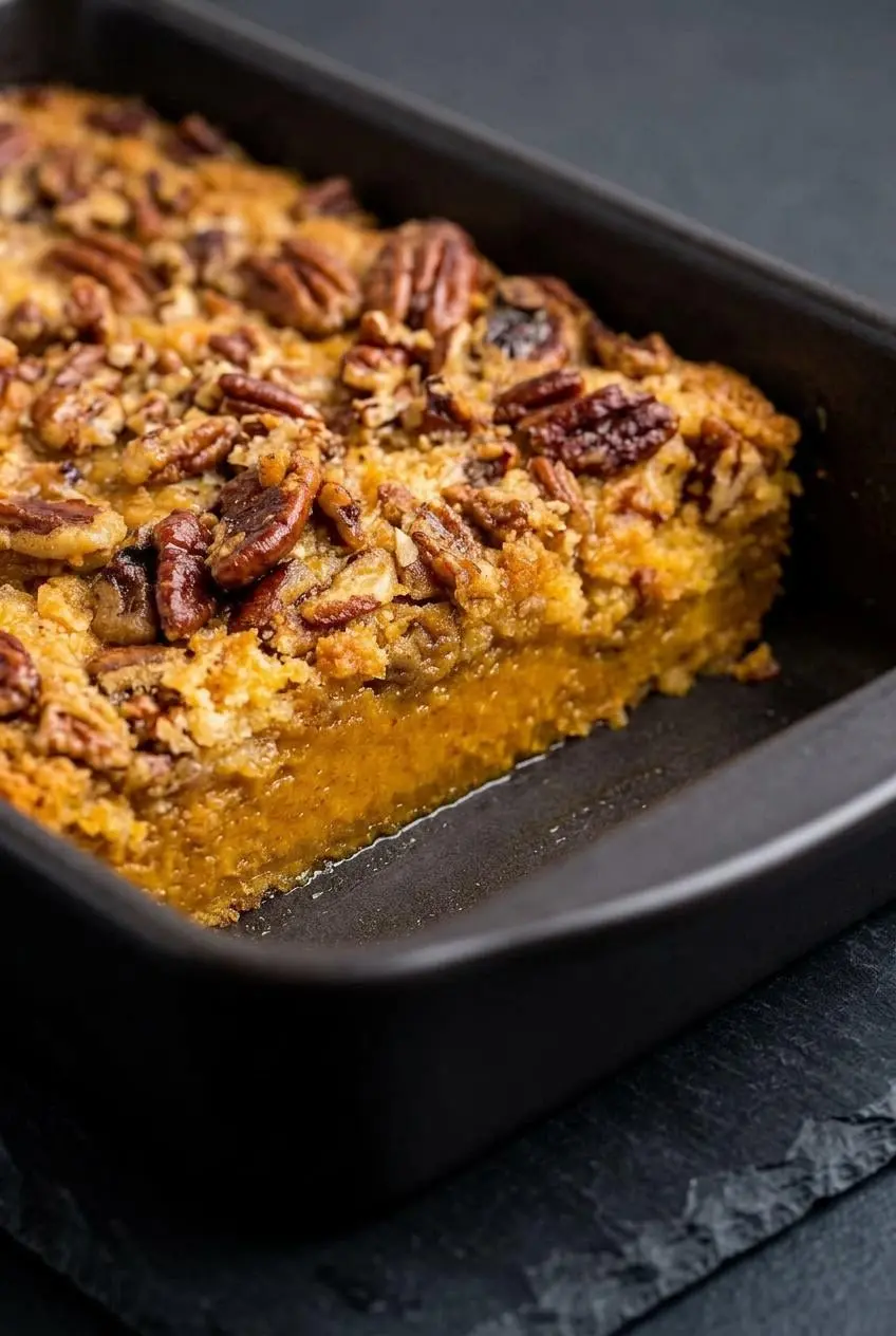 Close-up cross-section of pumpkin crunch cake showing the silky orange custard and crisp pecan topping