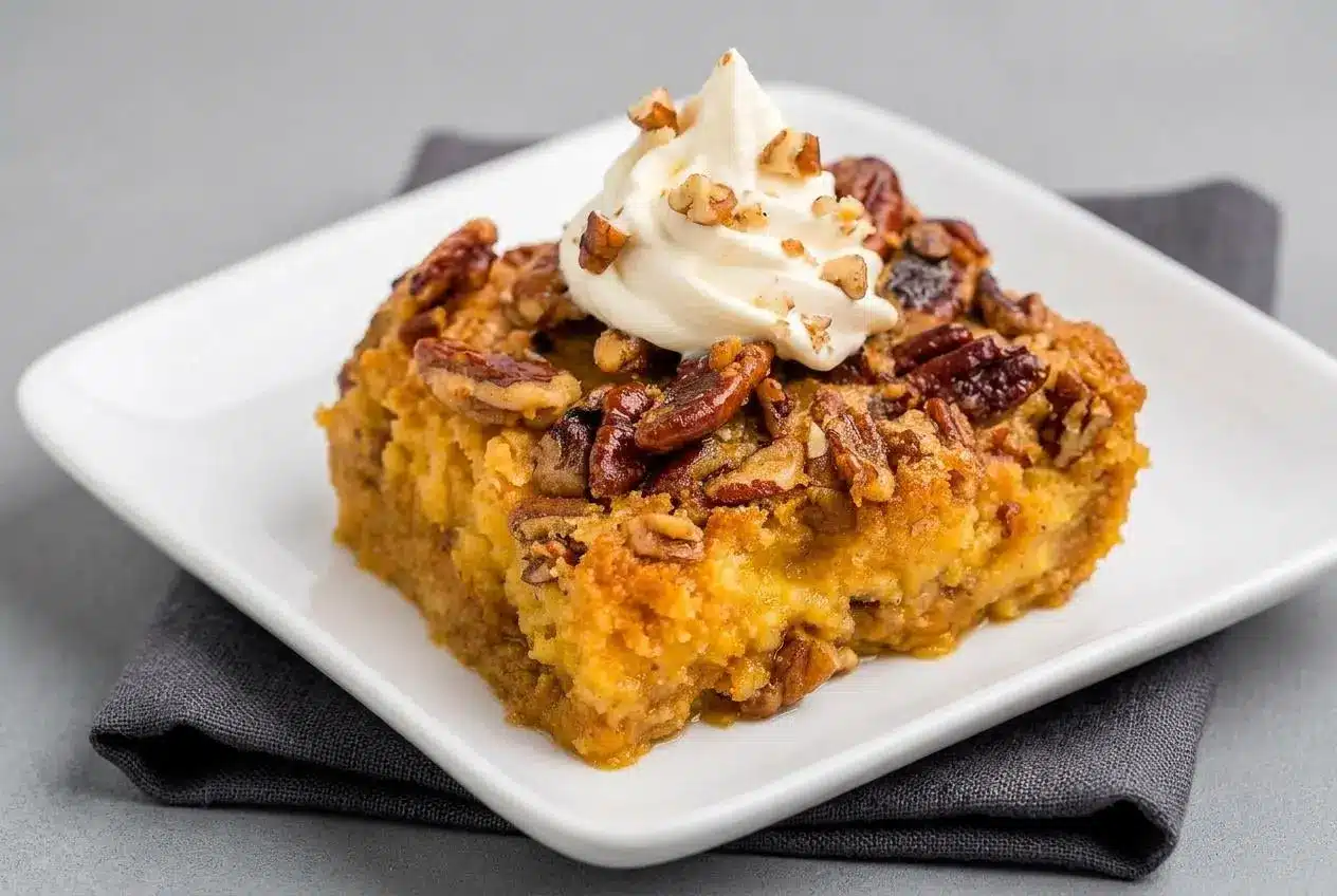 Baked pumpkin crunch cake with a creamy spiced custard base and golden buttery pecan crust