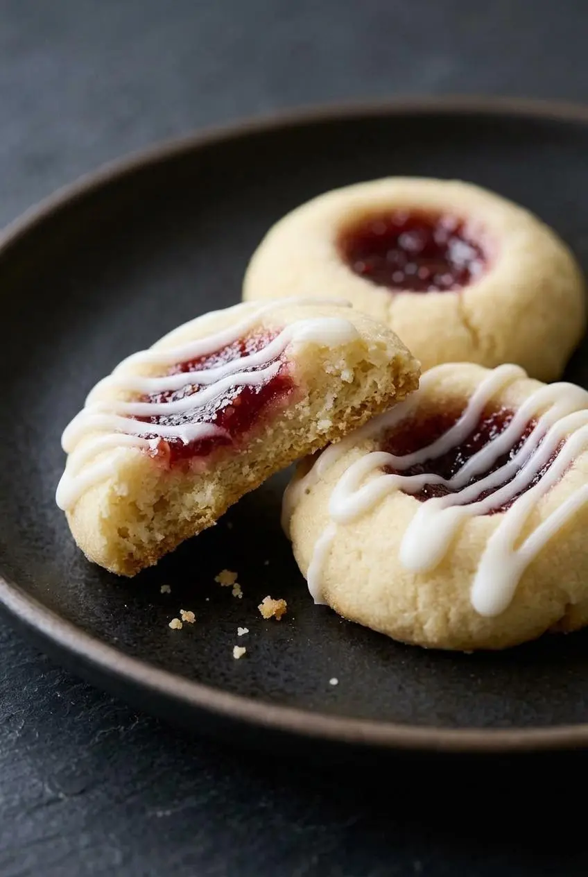 Close-up of a raspberry almond thumbprint cookie broken in half showing tender shortbread crumb and set jam