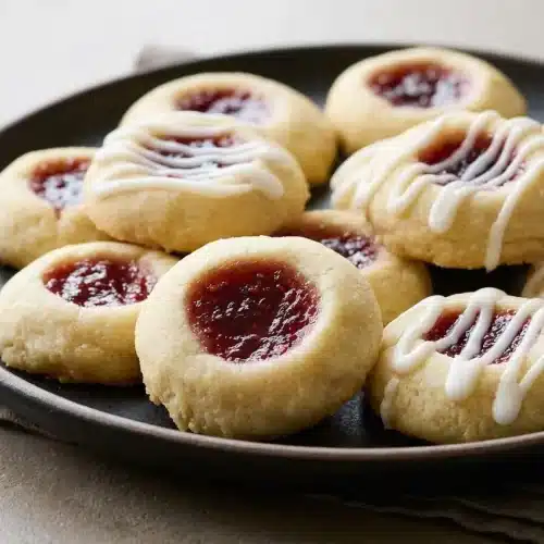 Baked raspberry almond thumbprint cookies with glossy red jam centers and white icing drizzle