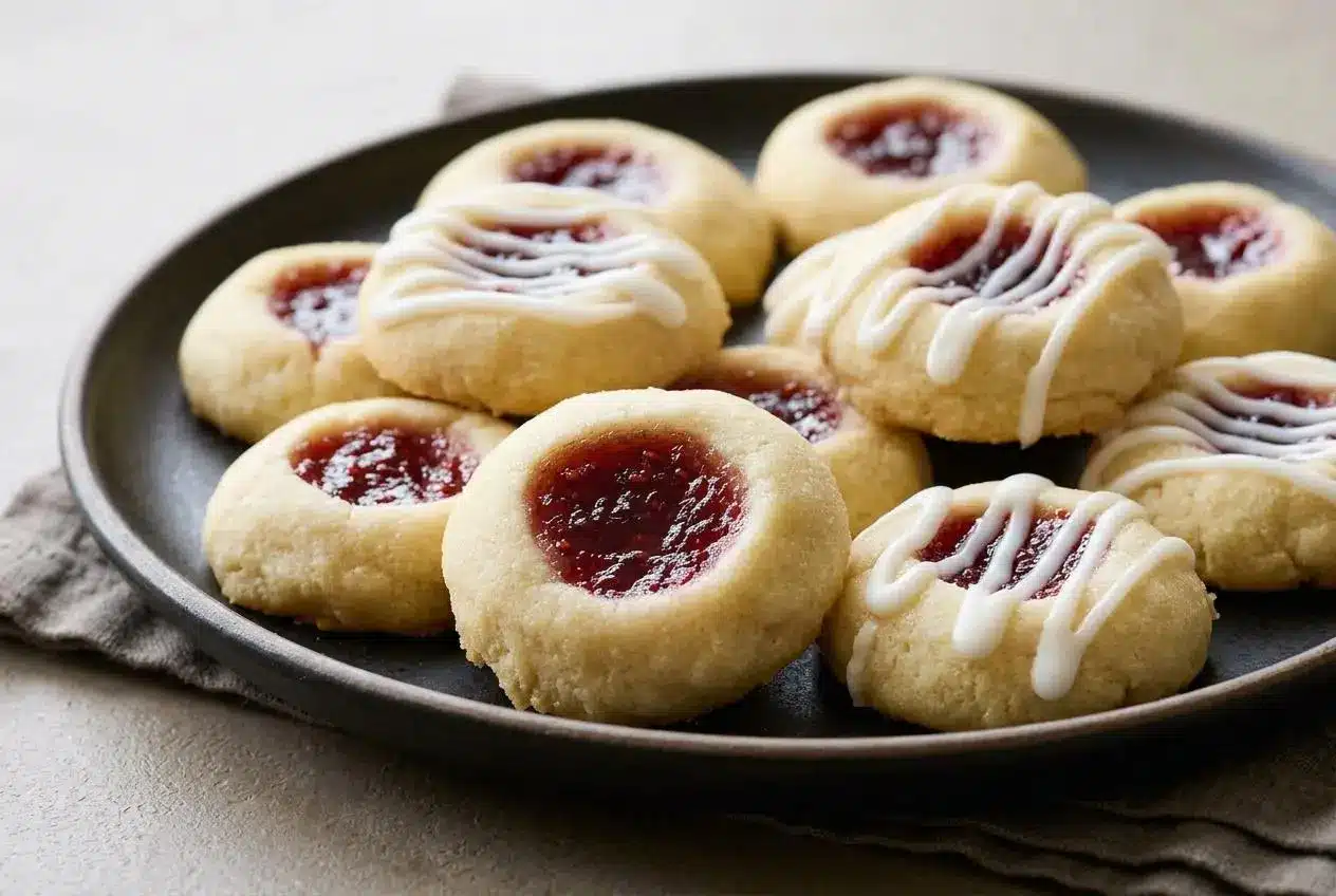 Baked raspberry almond thumbprint cookies with glossy red jam centers and white icing drizzle