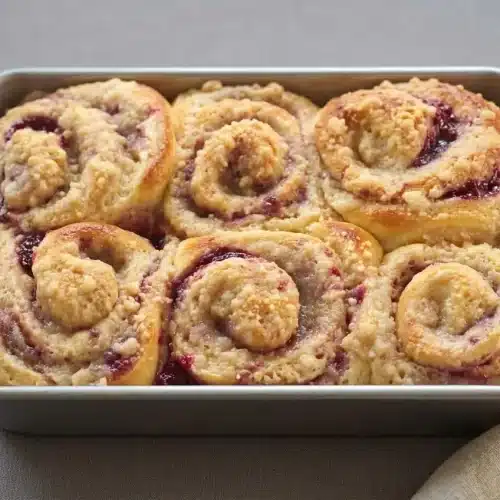 Baked raspberry cheesecake sweet rolls with bubbling berry jam and golden crumble topping.