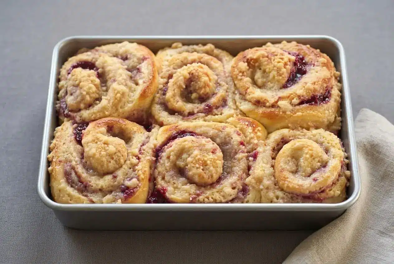 Baked raspberry cheesecake sweet rolls with bubbling berry jam and golden crumble topping.