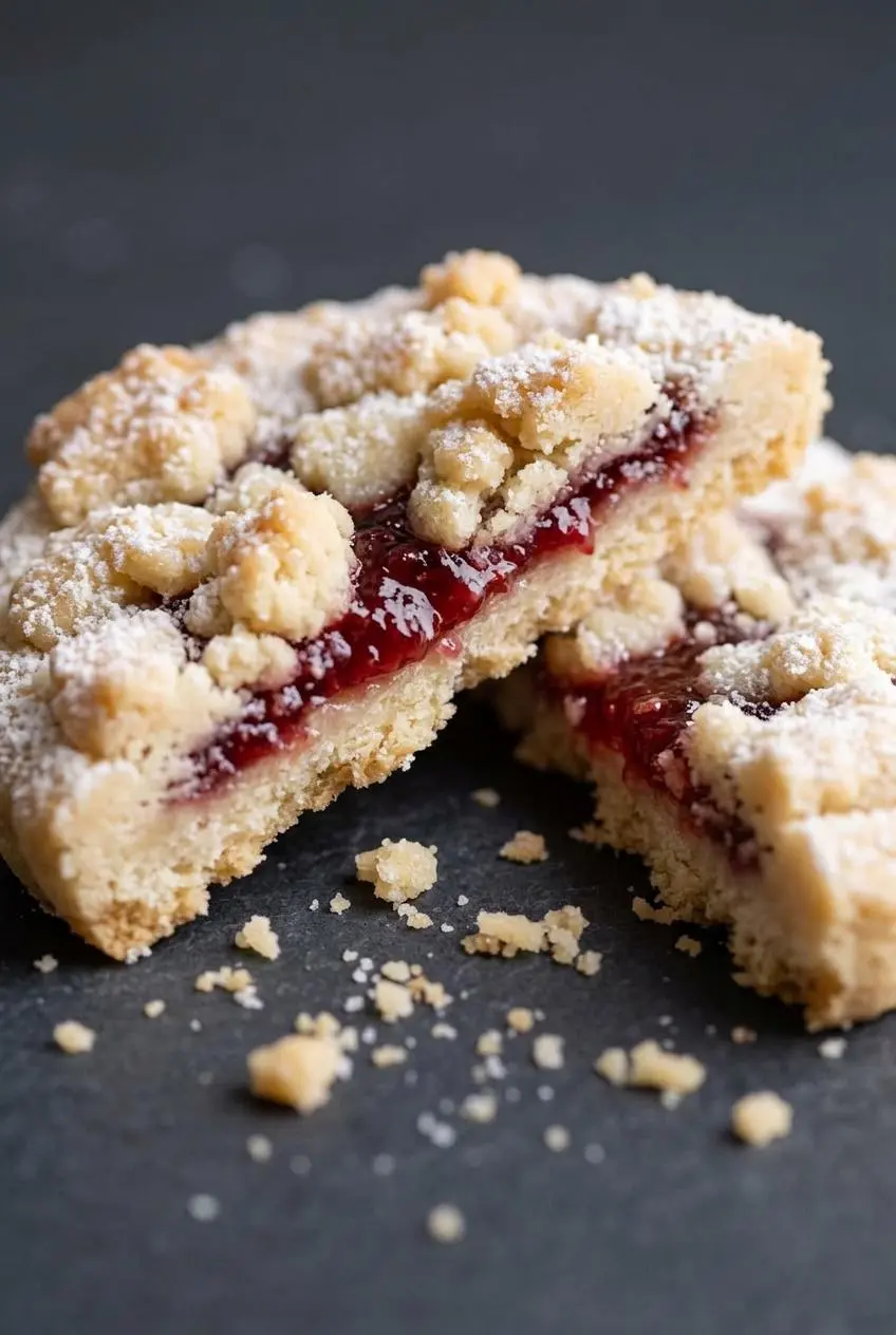 Close-up of a broken raspberry crumble cookie showing tender shortbread crumb and rich raspberry jam center.